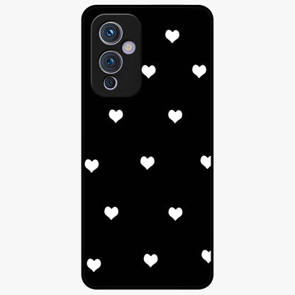 Cute And Simple White Hearts Glass Case showing flat back view with minimal white heart pattern and glossy glass finish.