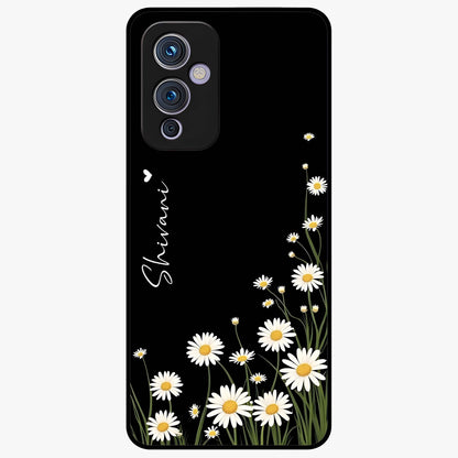 Daisy Cascade Custom Name Glass Case showing flat back view with cascading daisy flowers and personalized name design.