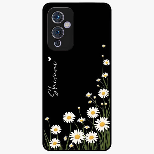 Daisy Cascade Custom Name Glass Case showing flat back view with cascading daisy flowers and personalized name design.