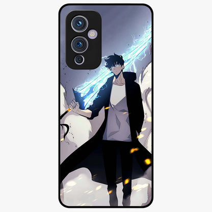 Dark Lightning Anime Warrior Glass Case showing flat back view with intense anime warrior artwork and glossy glass finish.
