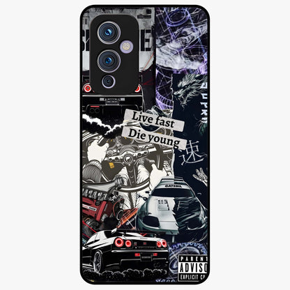 Die Young Glass Case showing flat back view with bold artistic typography design and glossy glass finish.