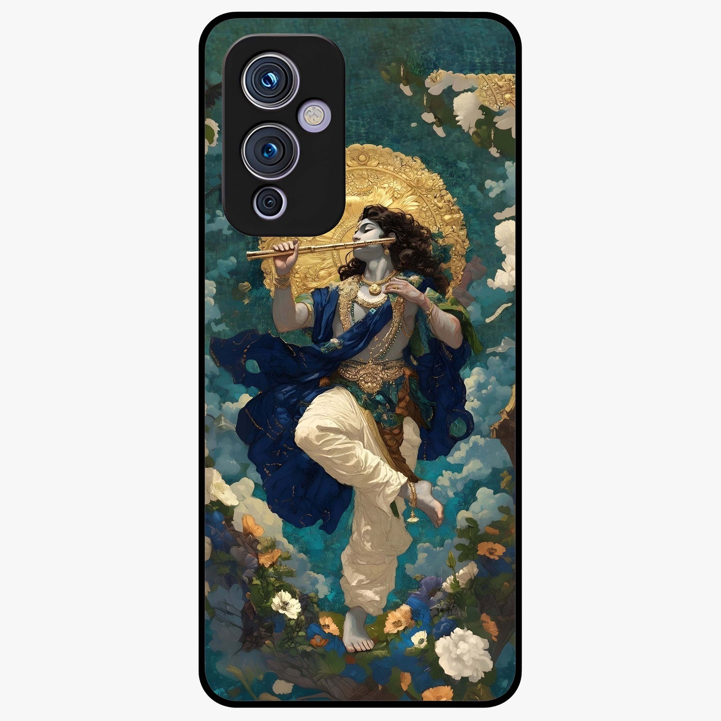 Divine Krishna Art Glass Case showing flat back view with Lord Krishna artwork and glossy glass finish.