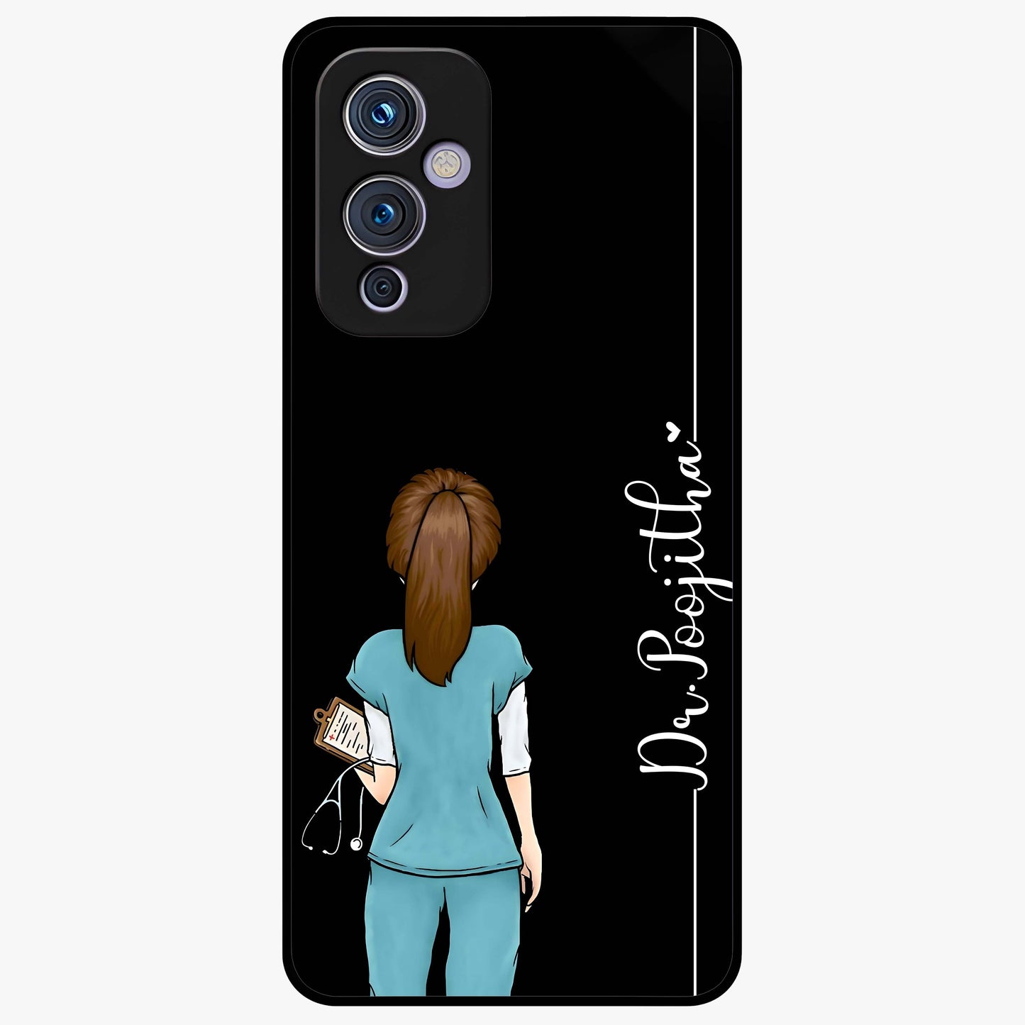 Doctor Pattern Custom Name Glass Case showing flat back view with medical themed pattern and personalized name design.