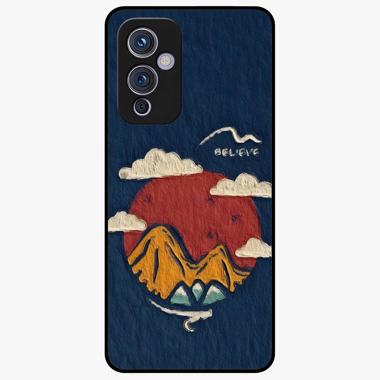 Dream Beyond Mountains Glass Case showing flat back view with scenic mountain landscape artwork and glossy glass finish.