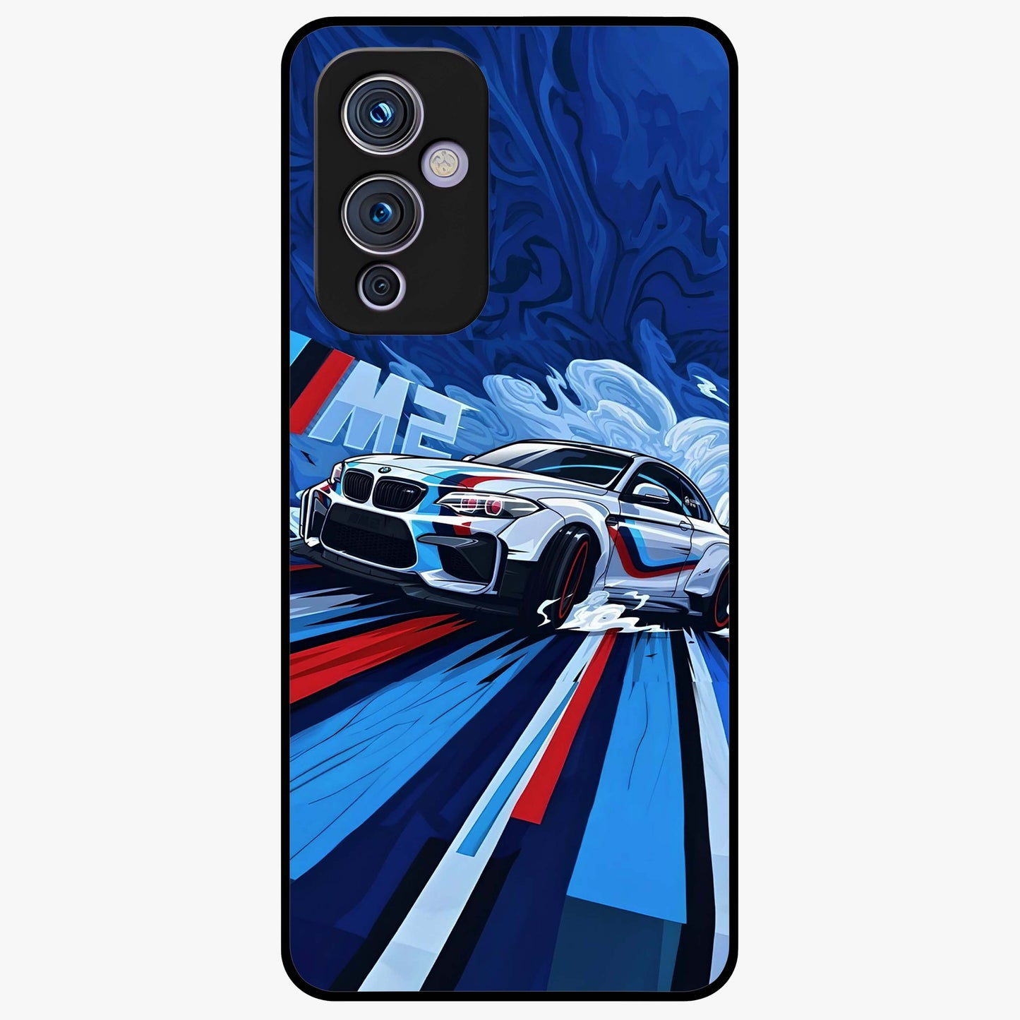 Drift Power Rush Glass Case showing flat back view with dynamic racing inspired artwork and glossy glass finish.