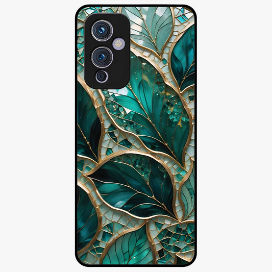 Emerald Leaf Glass Glass Case showing flat back view with emerald green leaf artwork and glossy glass finish.