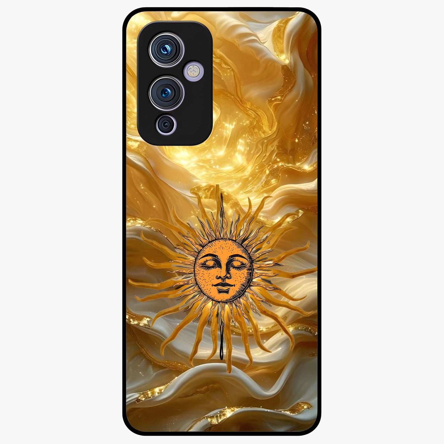 Eternal Golden Glow Glass Case showing flat back view with radiant golden themed artwork and glossy glass finish.