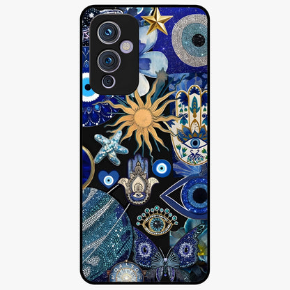 Evil Eye Charm Mix Glass Case showing flat back view with multiple evil eye charms artwork and glossy glass finish.