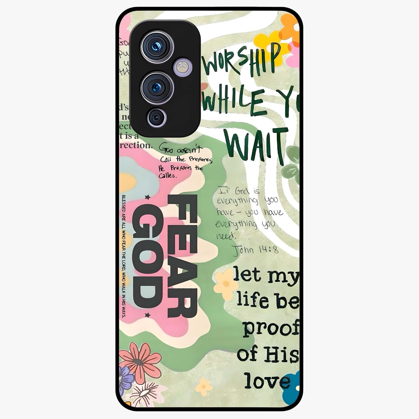 Faith Over Fear Glass Case showing flat back view with motivational typography artwork and glossy glass finish.