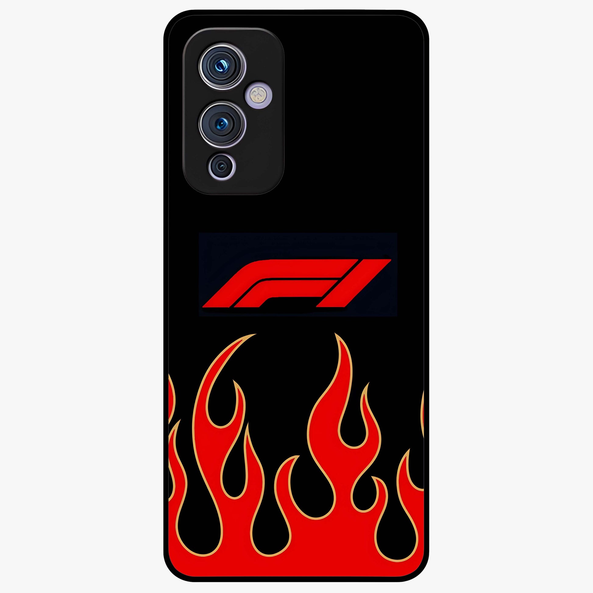 Fire F11 Glass Case showing flat back view with fiery themed artwork and glossy glass finish.