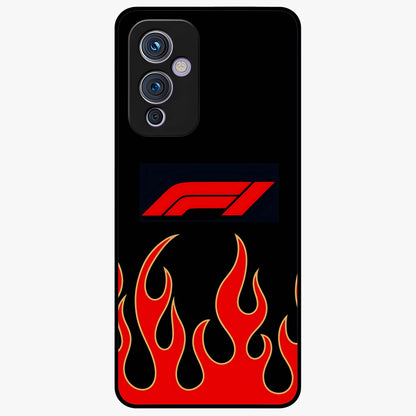 Fire F11 Glass Case showing flat back view with fiery themed artwork and glossy glass finish.