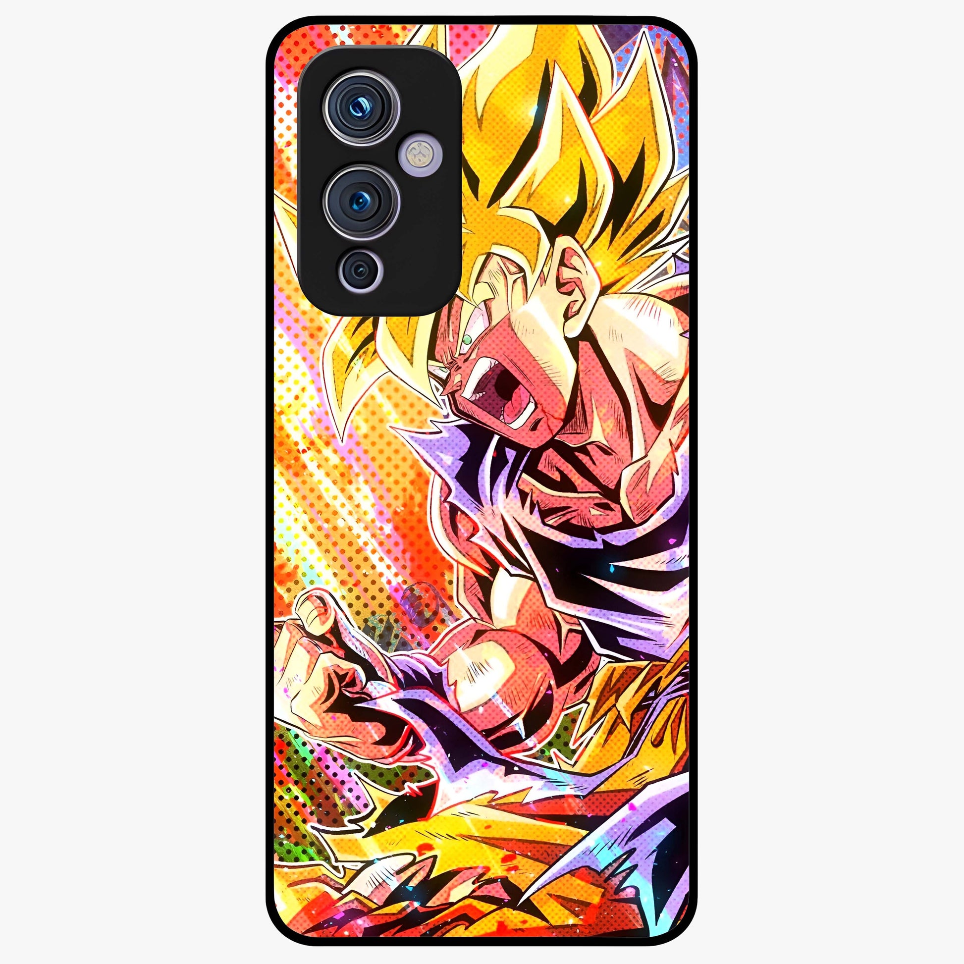 Firing Goku Glass Case showing flat back view with powerful anime inspired artwork and glossy glass finish.