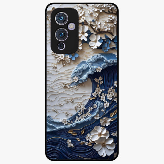 Floral Wave Origami Glass Case showing flat back view with origami inspired floral wave artwork and glossy glass finish.
