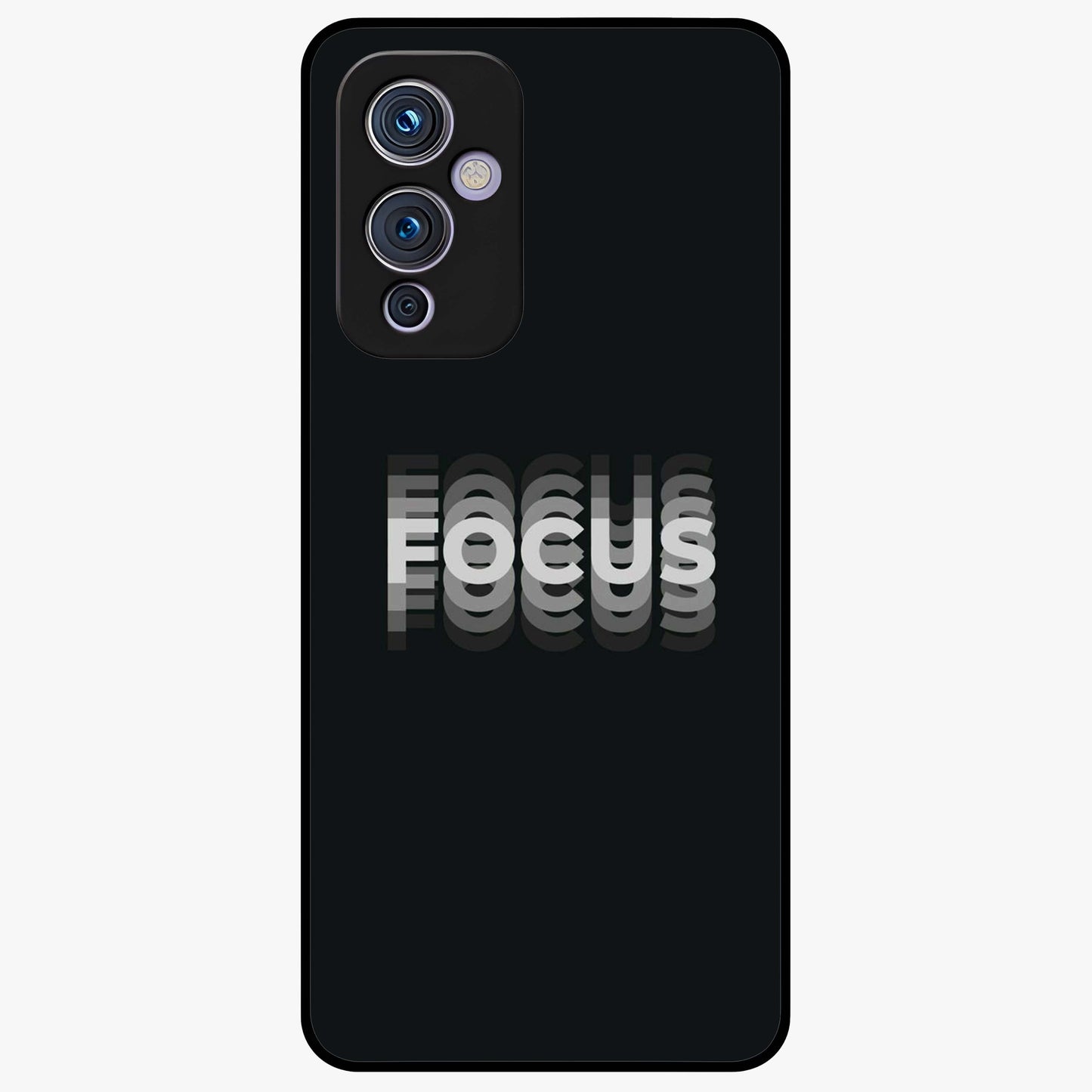 Focus Mode On Glass Case showing flat back view with bold motivational typography design and glossy glass finish.