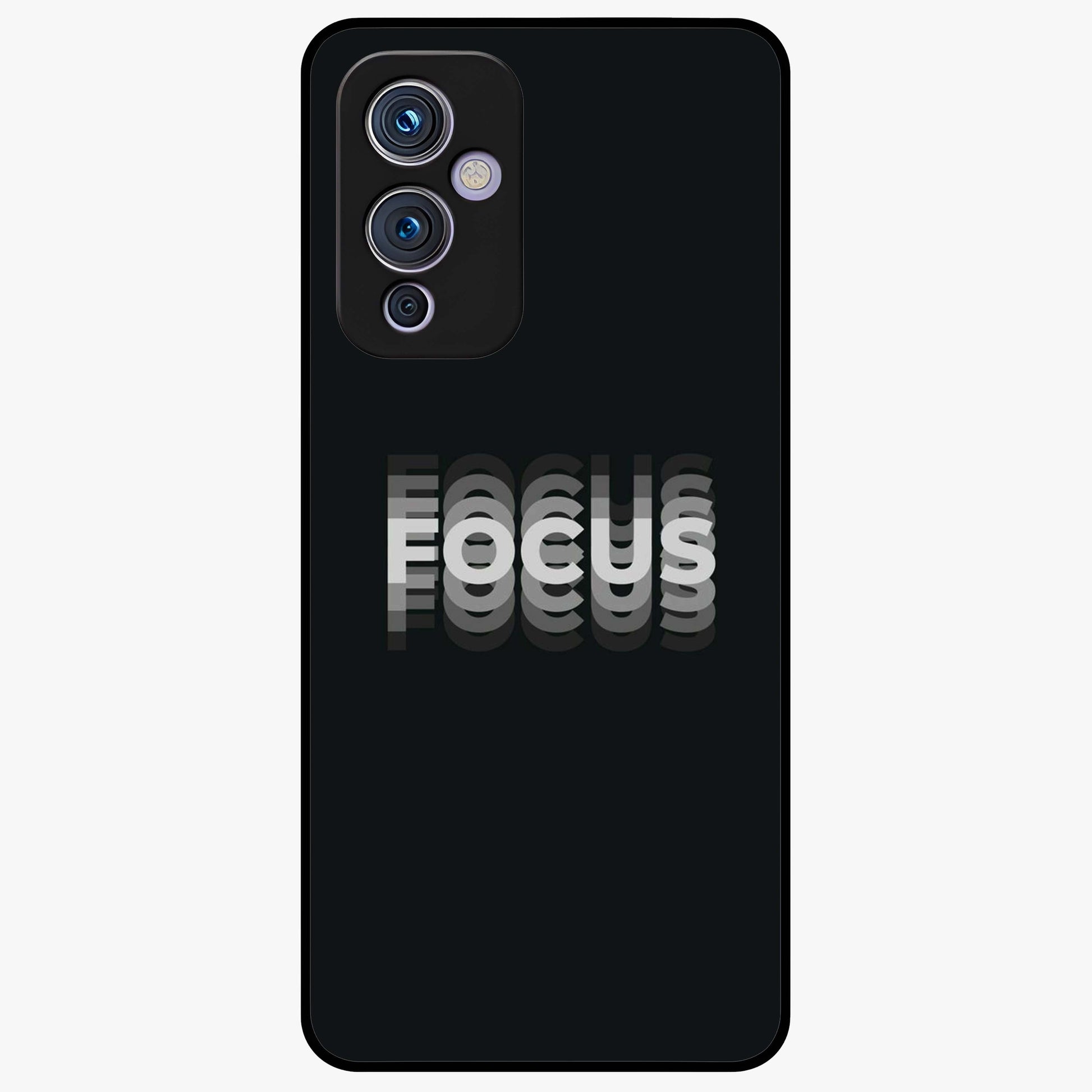 Focus Mode On Glass Case showing flat back view with bold motivational typography design and glossy glass finish.