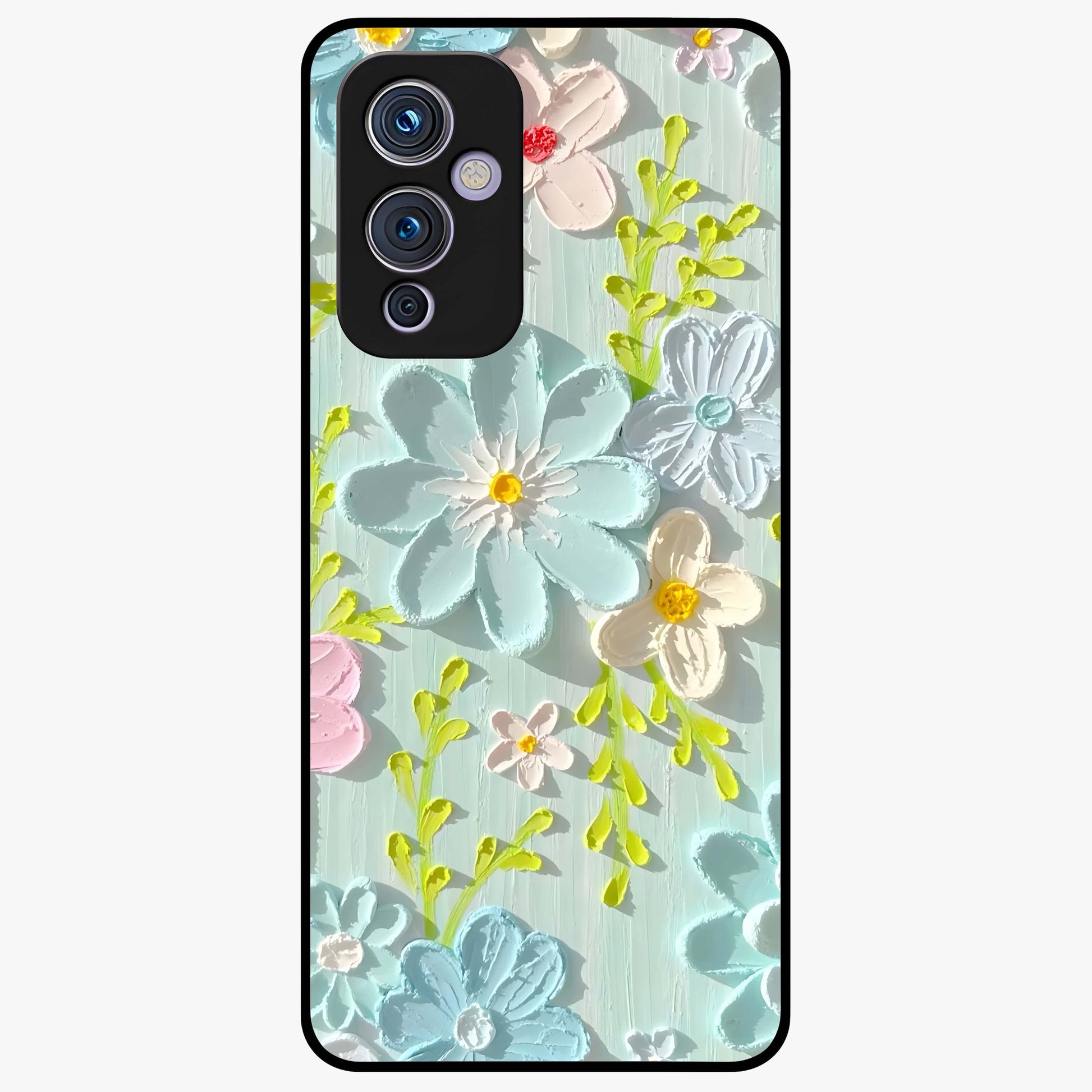 Frosted Petal Garden Glass Case showing flat back view with soft frosted floral artwork and glossy glass finish.