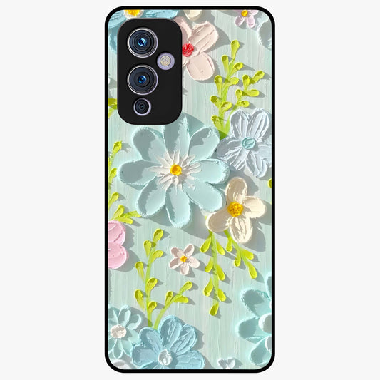 Frosted Petal Garden Glass Case showing flat back view with soft frosted floral artwork and glossy glass finish.