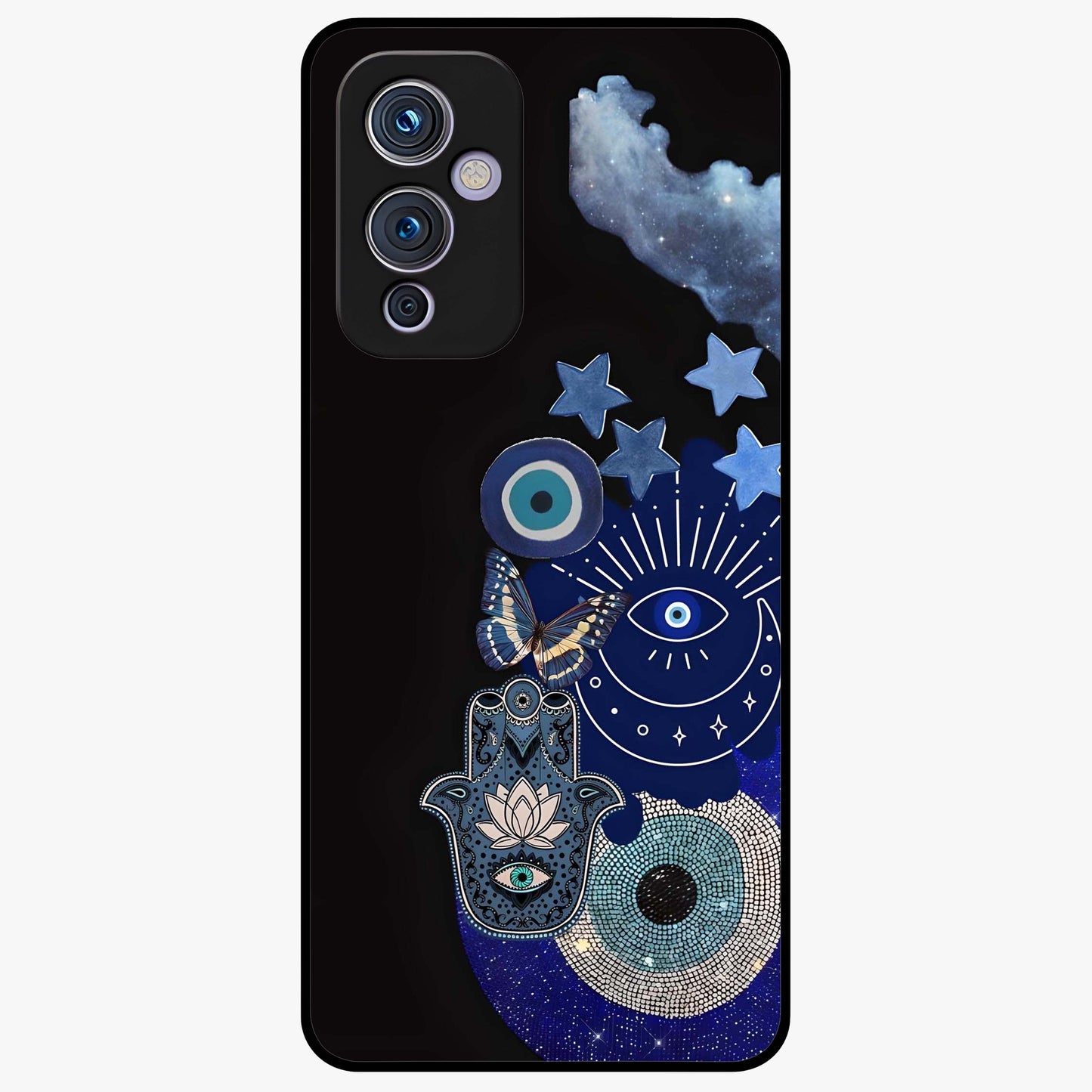 Galactic Charm Cluster Glass Case showing flat back view with glowing celestial charm artwork and glossy glass finish.
