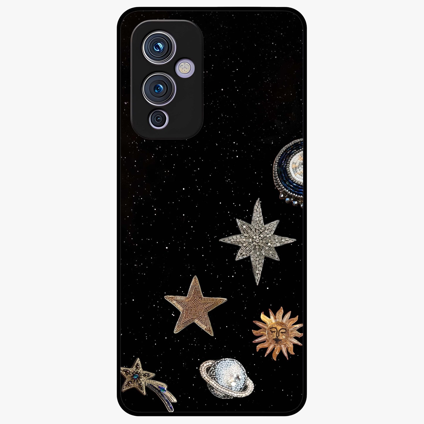 Galactic Charm Glow Glass Case showing flat back view with glowing celestial charm artwork and glossy glass finish.