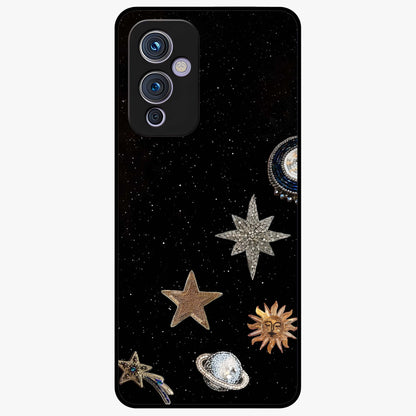 Galactic Charm Glow Glass Case showing flat back view with glowing celestial charm artwork and glossy glass finish.