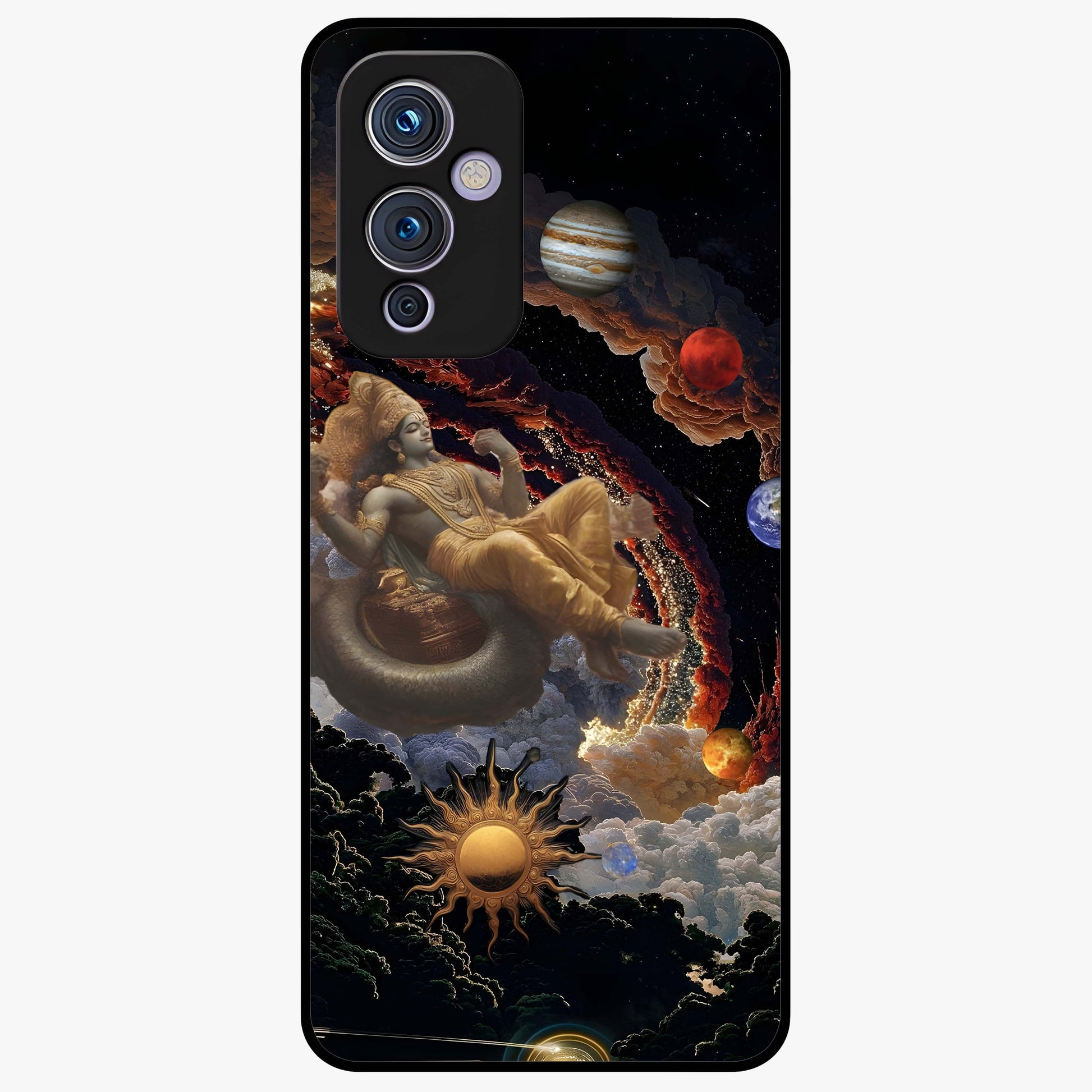 Galactic Divine God Glass Case showing flat back view with divine cosmic themed artwork and glossy glass finish.