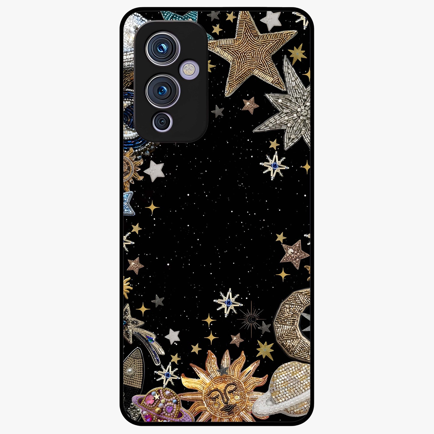 Galactic Jewel Stars Glass Case showing flat back view with sparkling star jewel artwork and glossy glass finish.