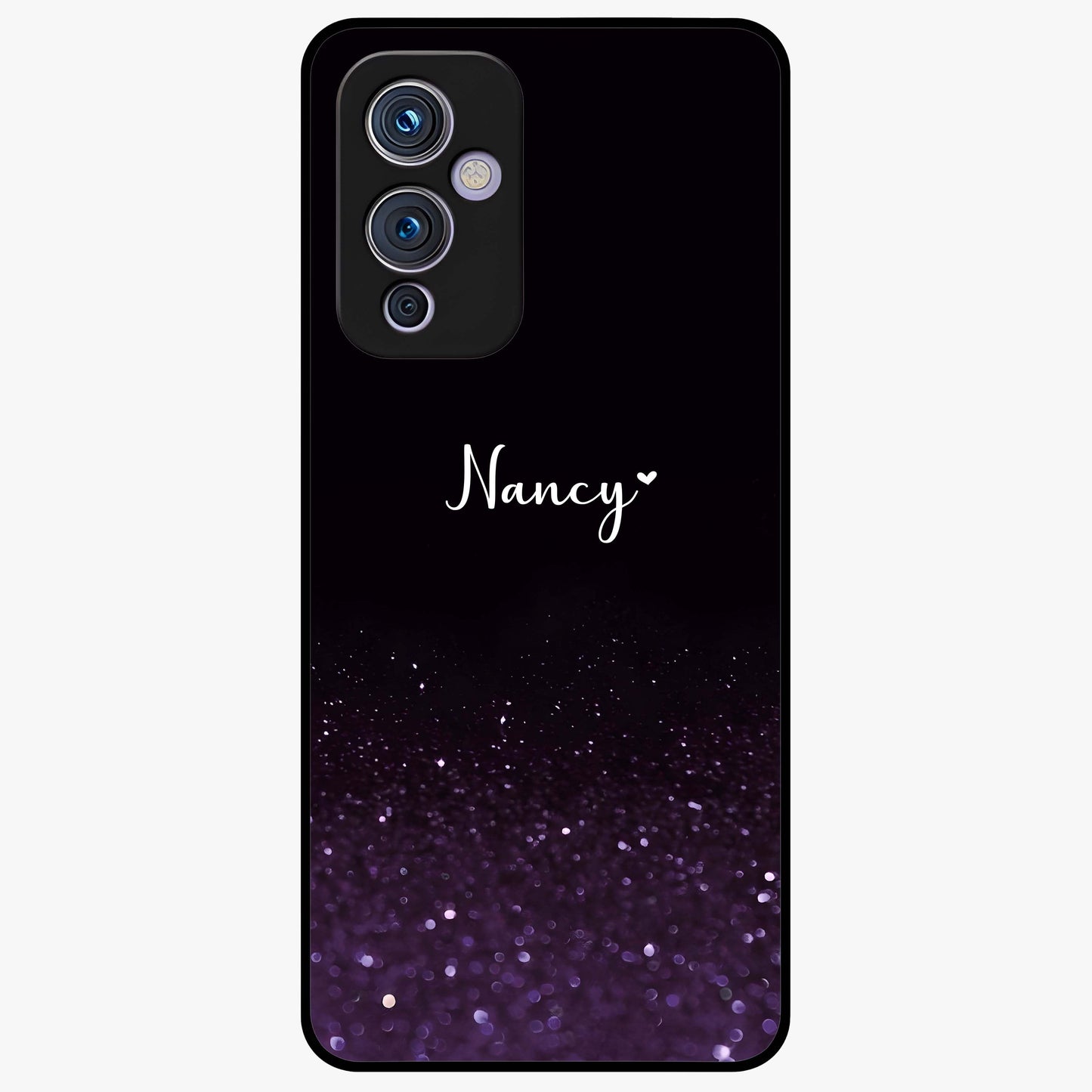 Glittery Purple Bokeh Custom Name Glass Case showing flat back view with purple bokeh sparkle artwork and personalized name design.