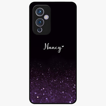 Glittery Purple Bokeh Custom Name Glass Case showing flat back view with purple bokeh sparkle artwork and personalized name design.