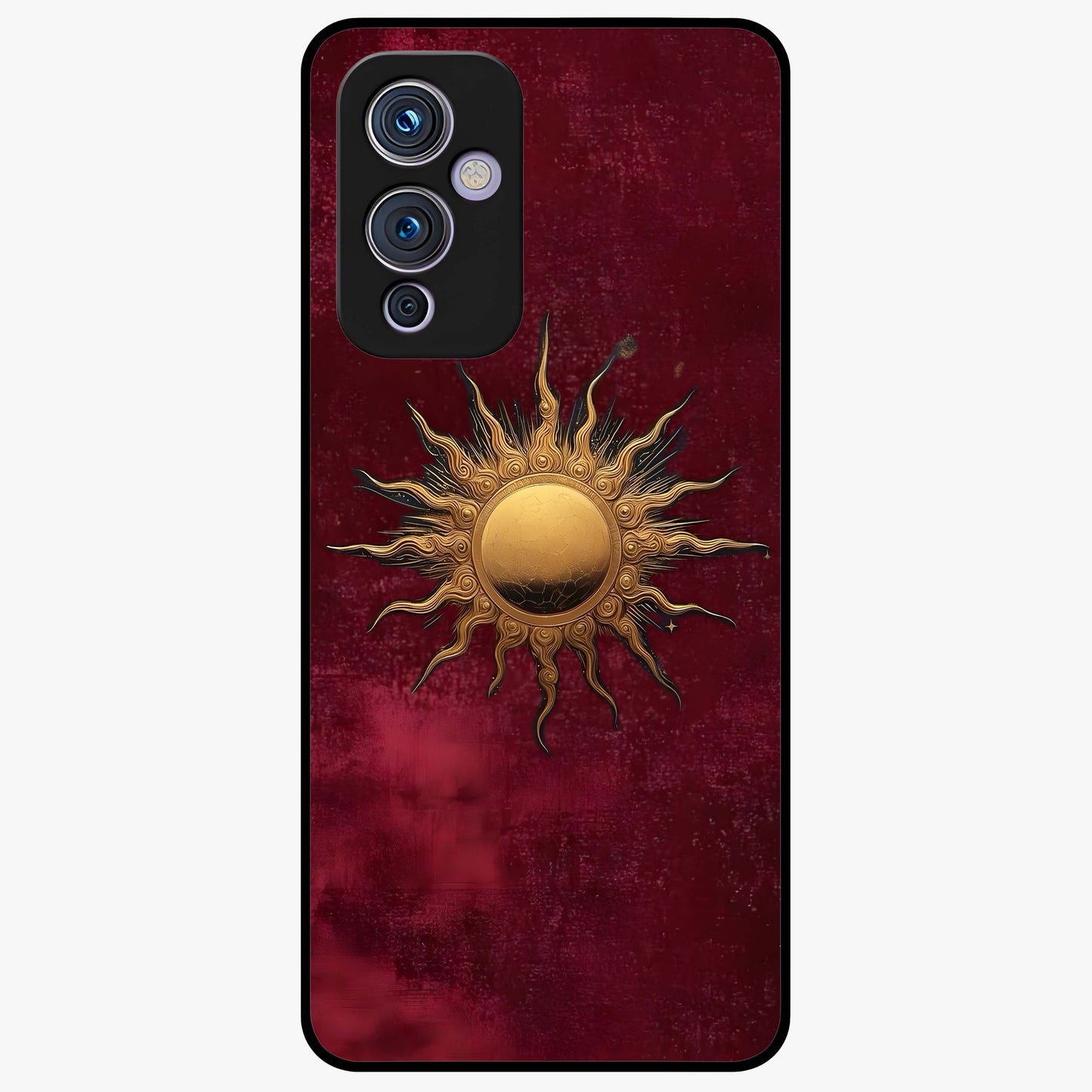 Gold Sun Blush Glass Case showing flat back view with golden sun inspired artwork and glossy glass finish.