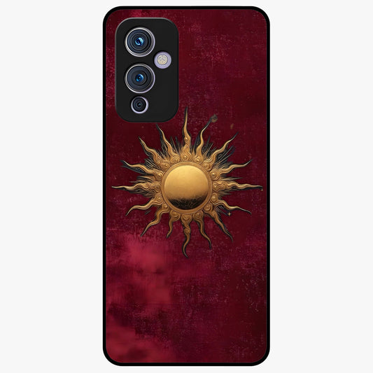 Gold Sun Blush Glass Case showing flat back view with golden sun inspired artwork and glossy glass finish.