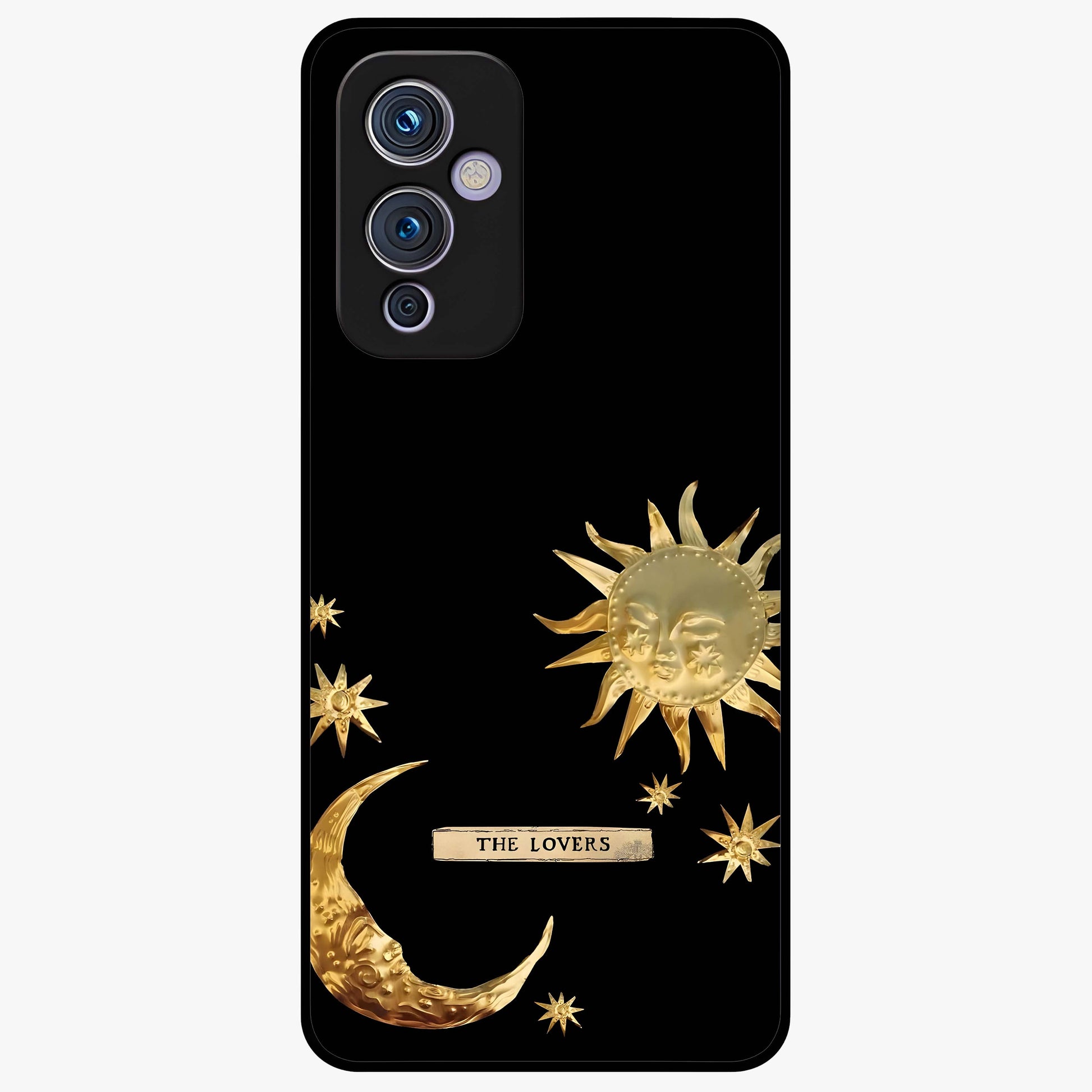 Golden Celestial Charm Glass Case showing flat back view with golden celestial charm artwork and glossy glass finish.