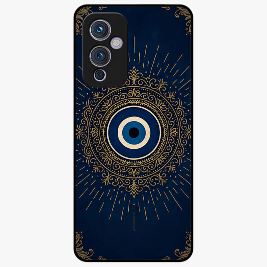 Golden Evil Eye Mandala Glass Case showing flat back view with intricate evil eye mandala artwork and glossy glass finish.