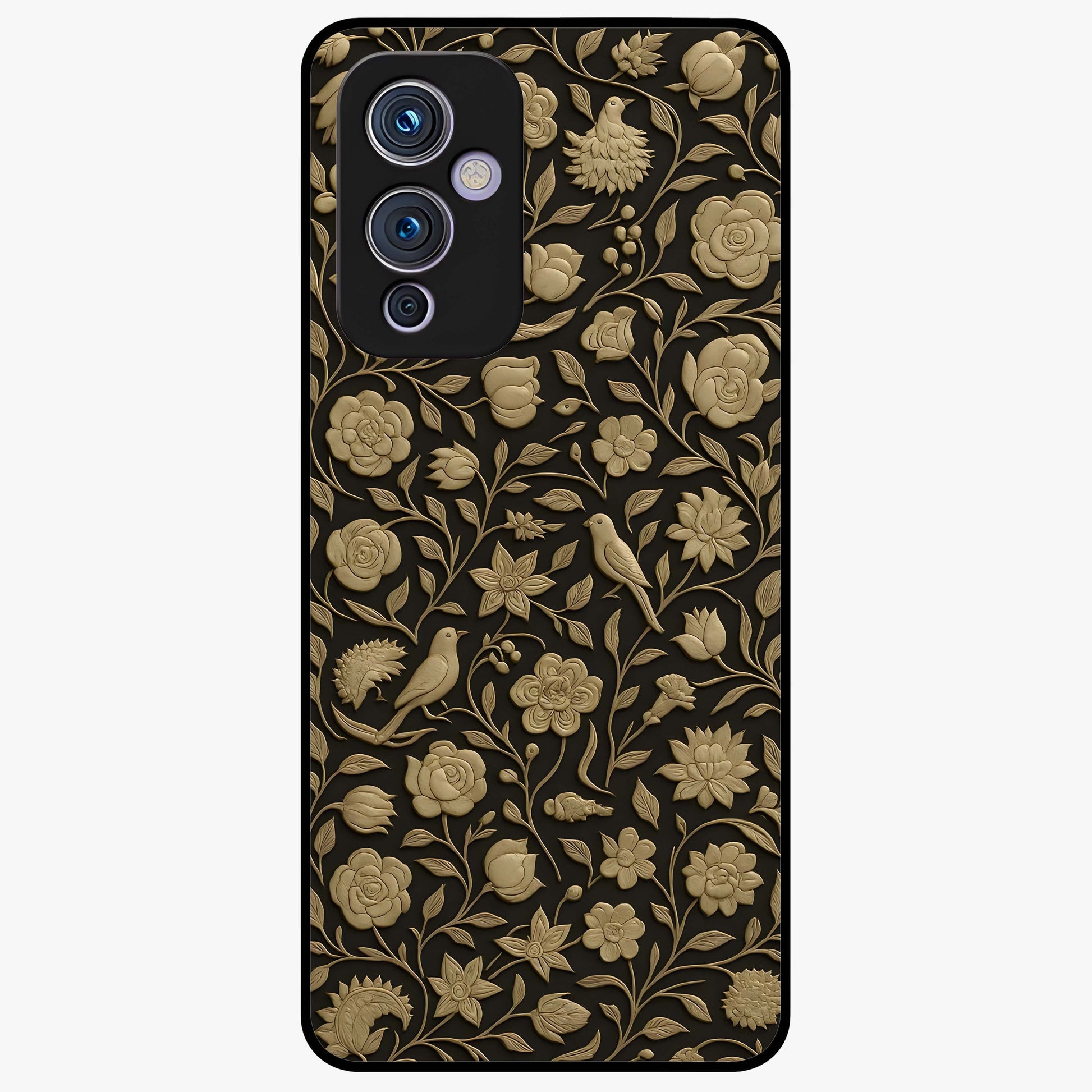 Golden Floral Majesty Glass Case showing flat back view with luxurious golden floral artwork and glossy glass finish.