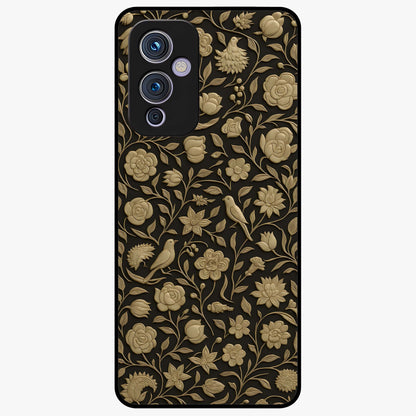 Golden Floral Majesty Glass Case showing flat back view with luxurious golden floral artwork and glossy glass finish.