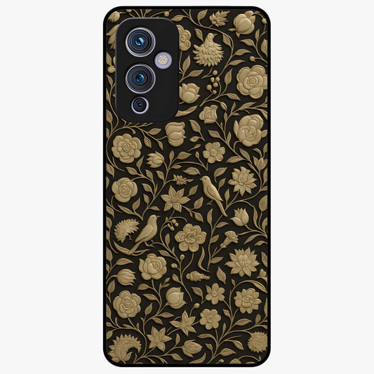 Golden Floral Majesty Glass Case showing flat back view with luxurious golden floral artwork and glossy glass finish.