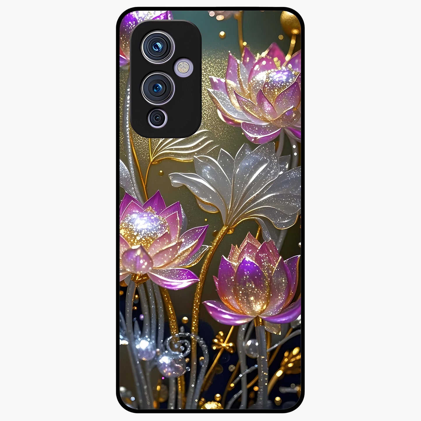 Golden Lotus Glow Glass Case showing flat back view with glowing lotus flower artwork and glossy glass finish.