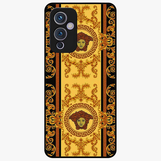 Golden Royal Heritage Glass Case showing flat back view with ornate royal pattern artwork and glossy glass finish.