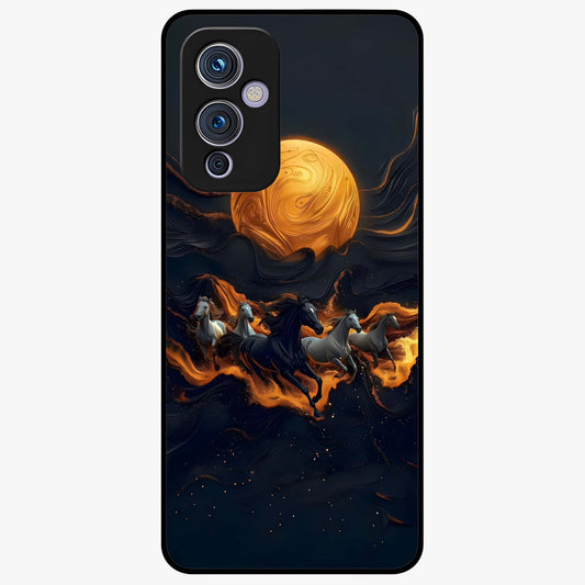 Golden Stallion Moonride Glass Case showing flat back view with majestic horse under moonlight artwork and glossy glass finish.