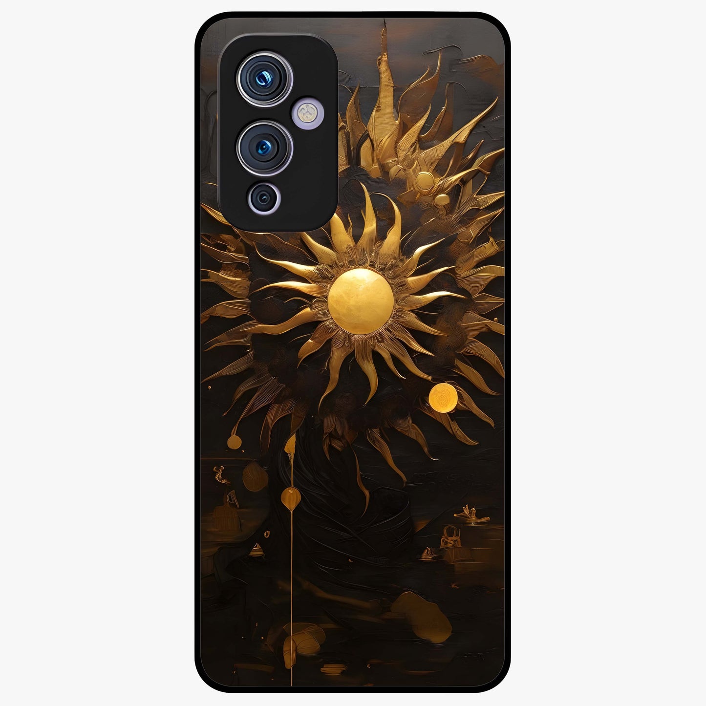 Golden Sun Majesty Glass Case showing flat back view with radiant golden sun artwork and glossy glass finish.