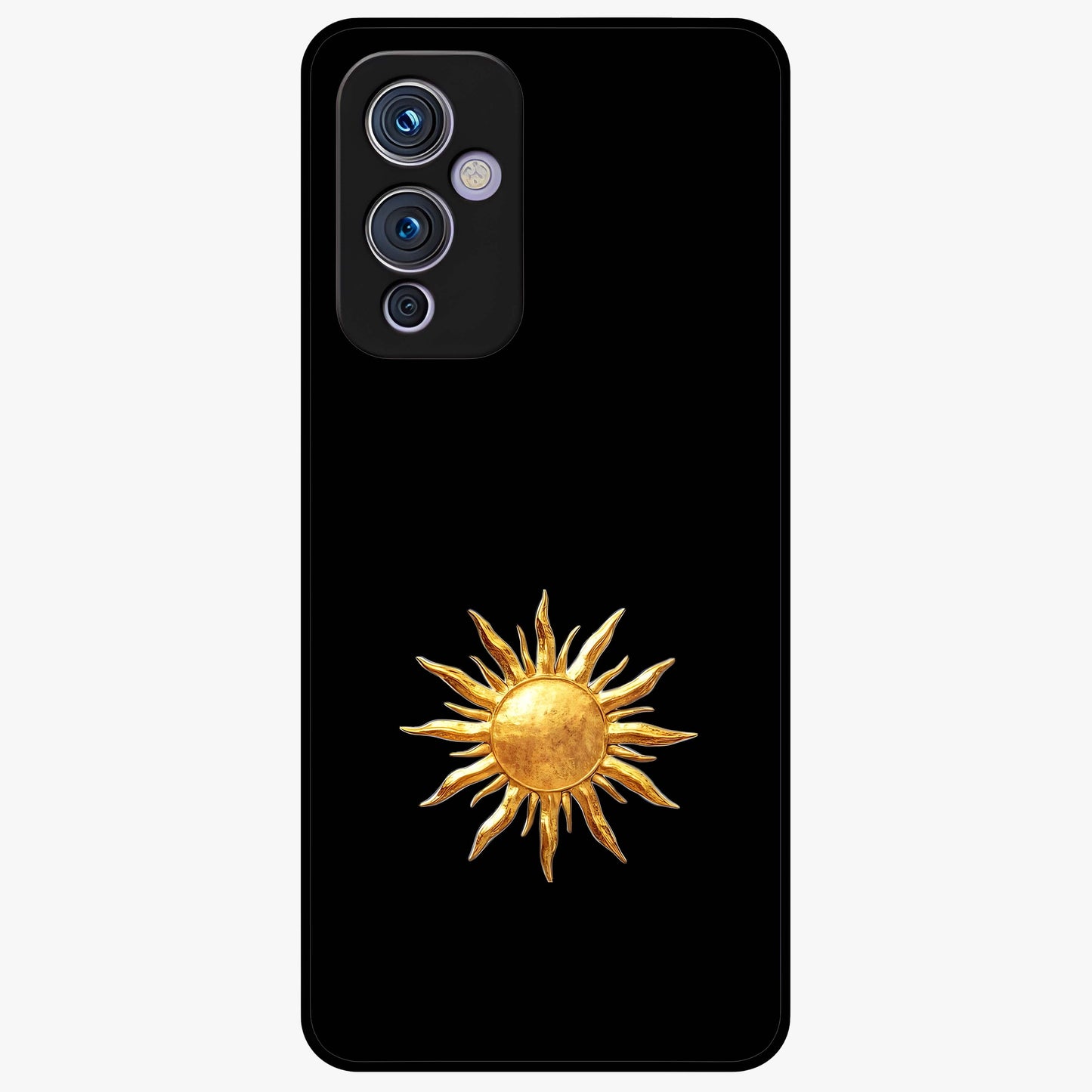 Golden Sun Minimalism Glass Case showing flat back view with minimal golden sun artwork and glossy glass finish.