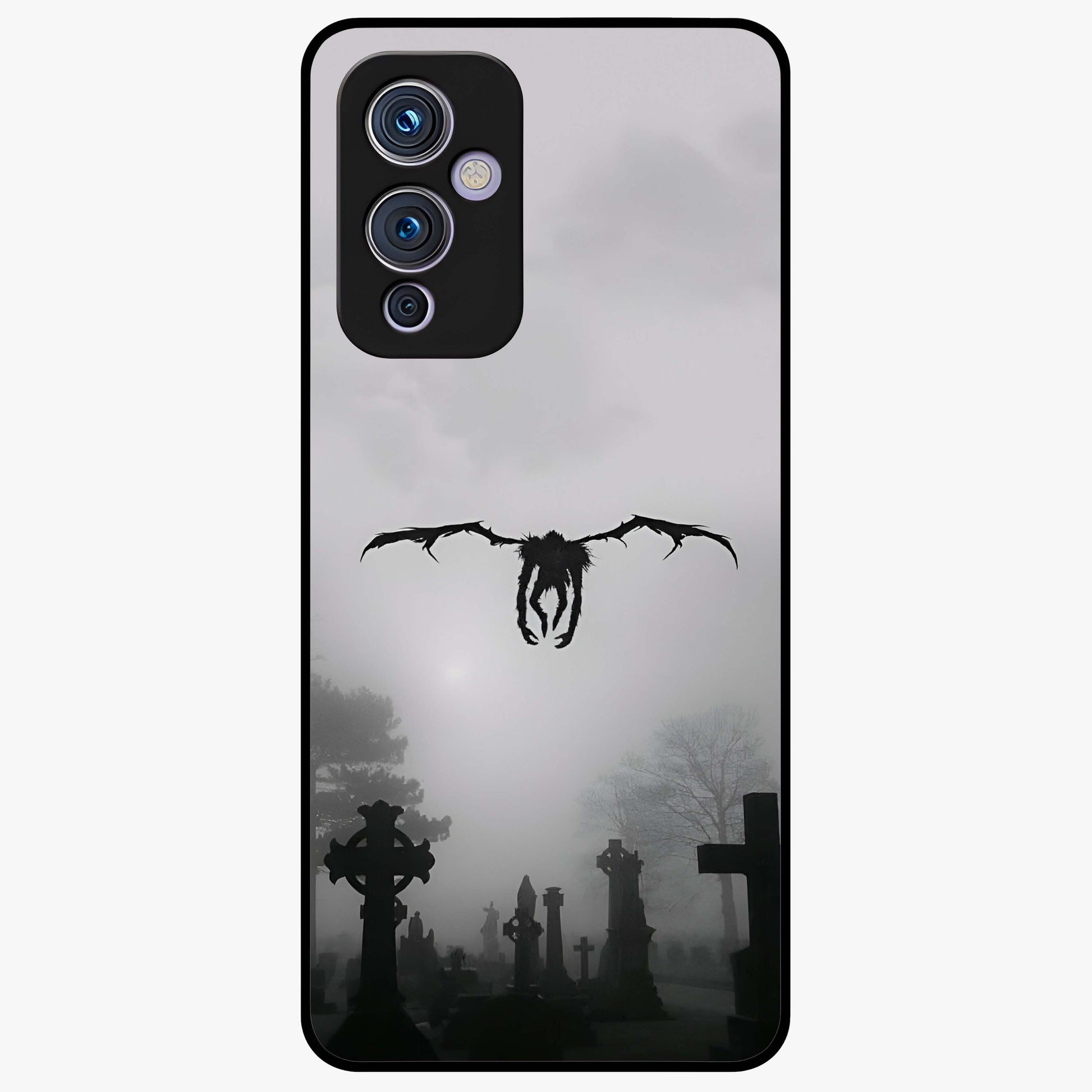 Graveyard Shadow Descent Glass Case showing flat back view with dark graveyard themed artwork and glossy glass finish.