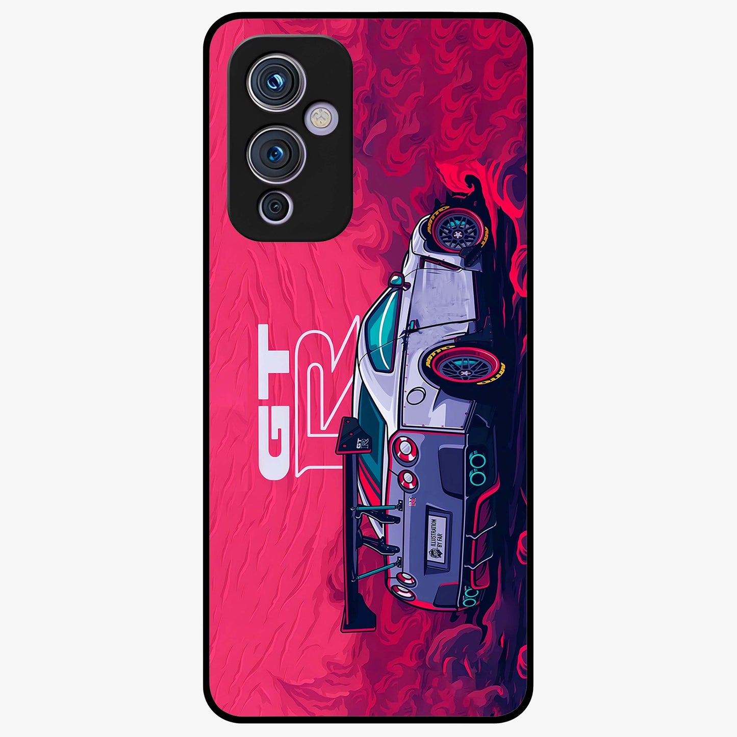 GT-R Car Pattern Glass Case showing flat back view with sporty car inspired pattern artwork and glossy glass finish.