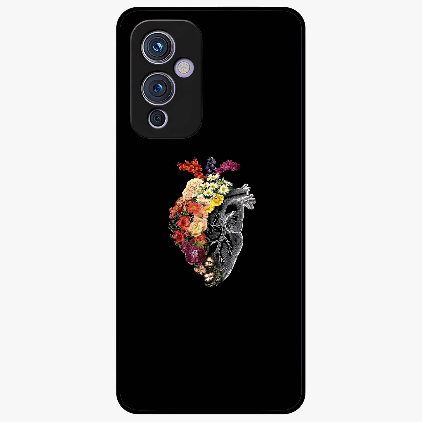 Heart With Flowers Glass Case showing flat back view with heart shaped floral artwork and glossy glass finish.