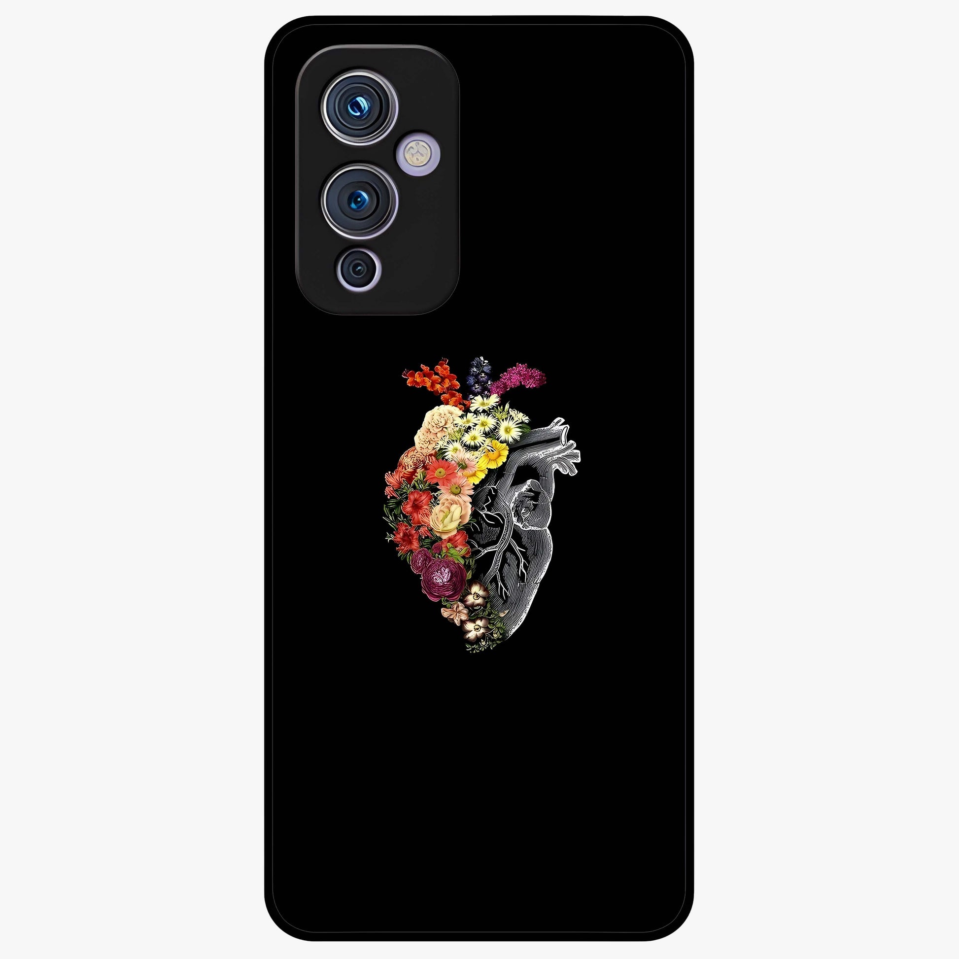 Heart With Flowers Glass Case showing flat back view with heart shaped floral artwork and glossy glass finish.