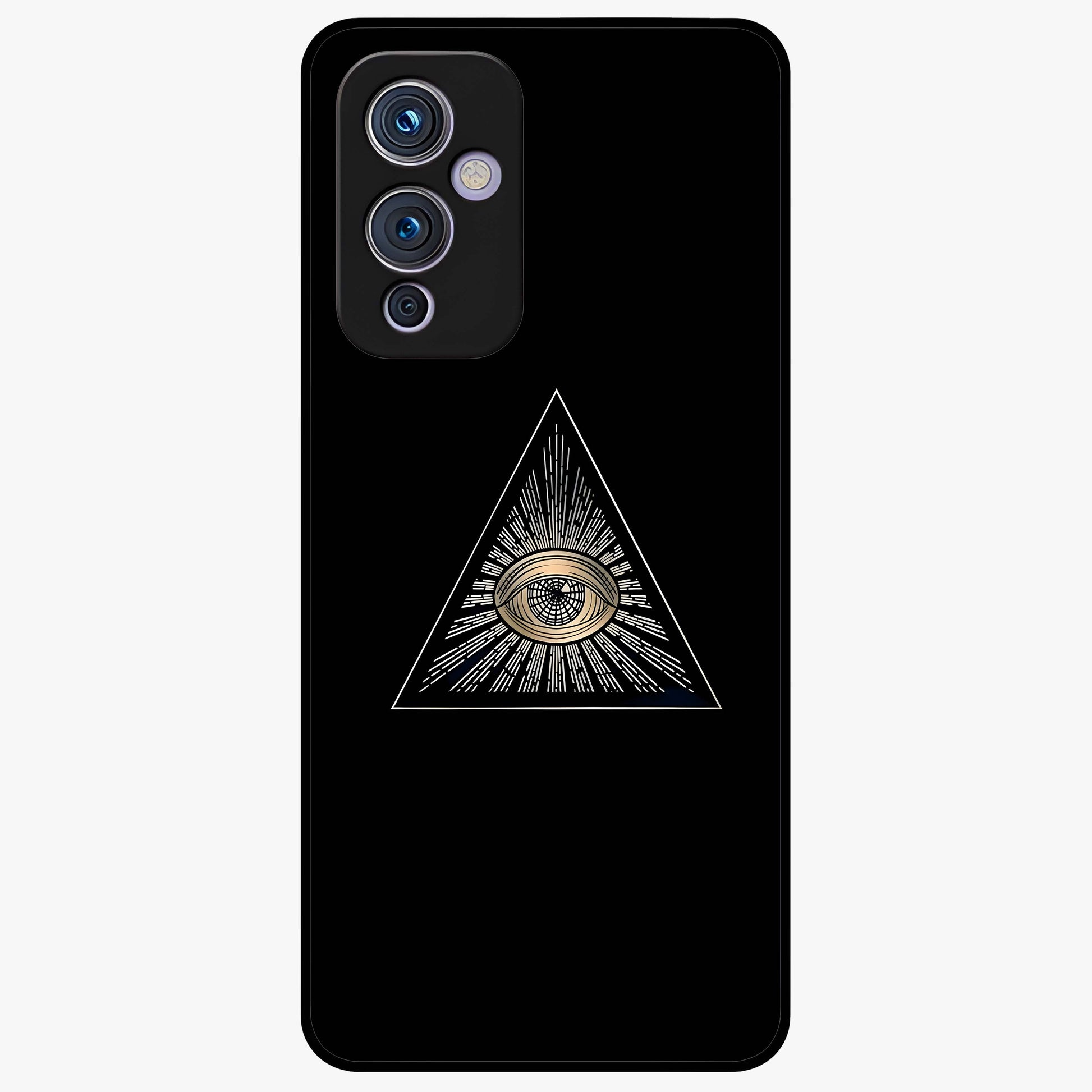 Illuminati Evil Glass Case showing flat back view with mysterious illuminati symbol artwork and glossy glass finish.