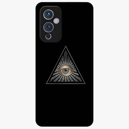 Illuminati Evil Glass Case showing flat back view with mysterious illuminati symbol artwork and glossy glass finish.