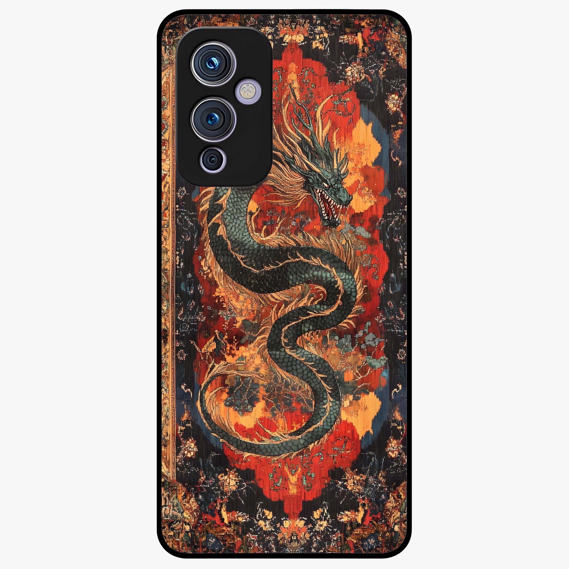 Inferno Dragon Soul Glass Case showing flat back view with fiery dragon artwork and glossy glass finish.