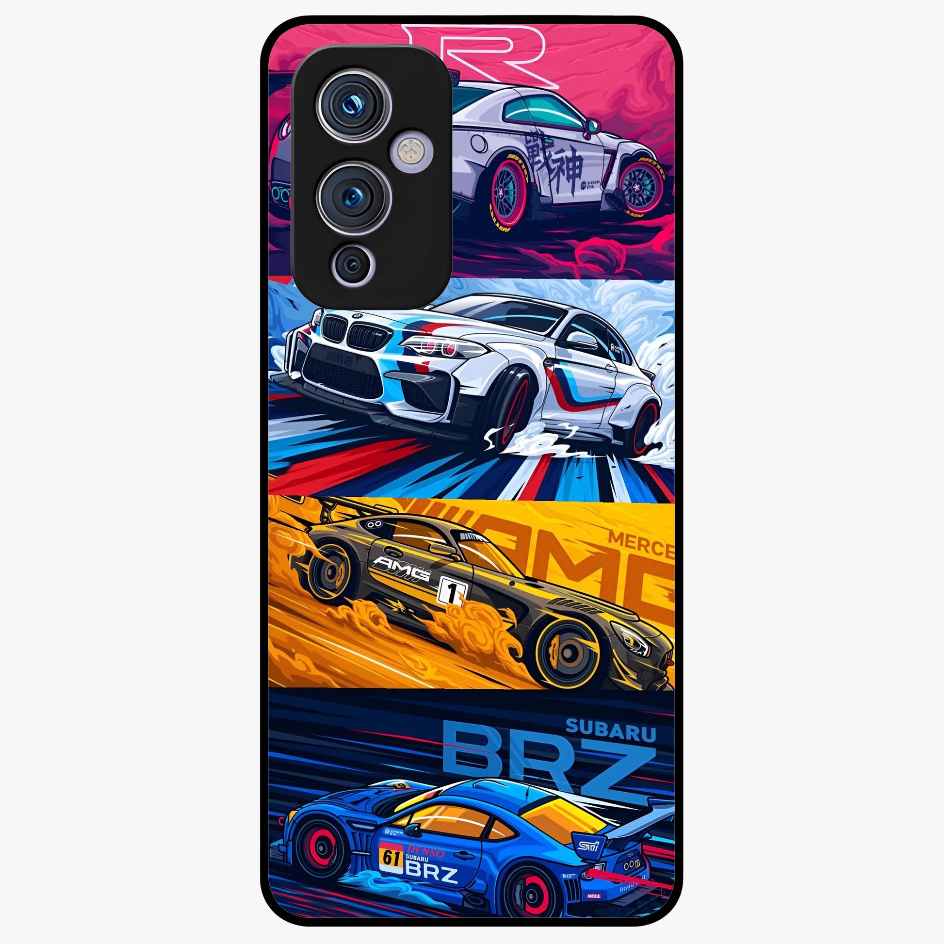 JDM Sports Car Glass Case showing flat back view with high performance sports car artwork and glossy glass finish.