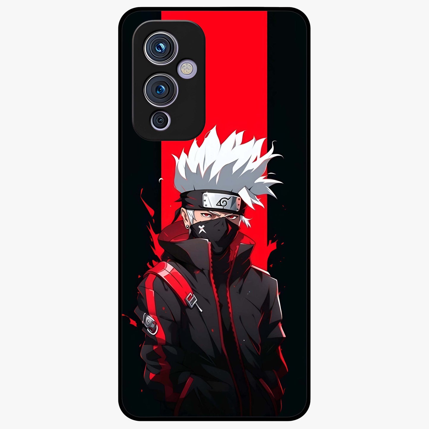 Kakashi Scarlet Shadow Glass Case showing flat back view with powerful anime ninja artwork and glossy glass finish.