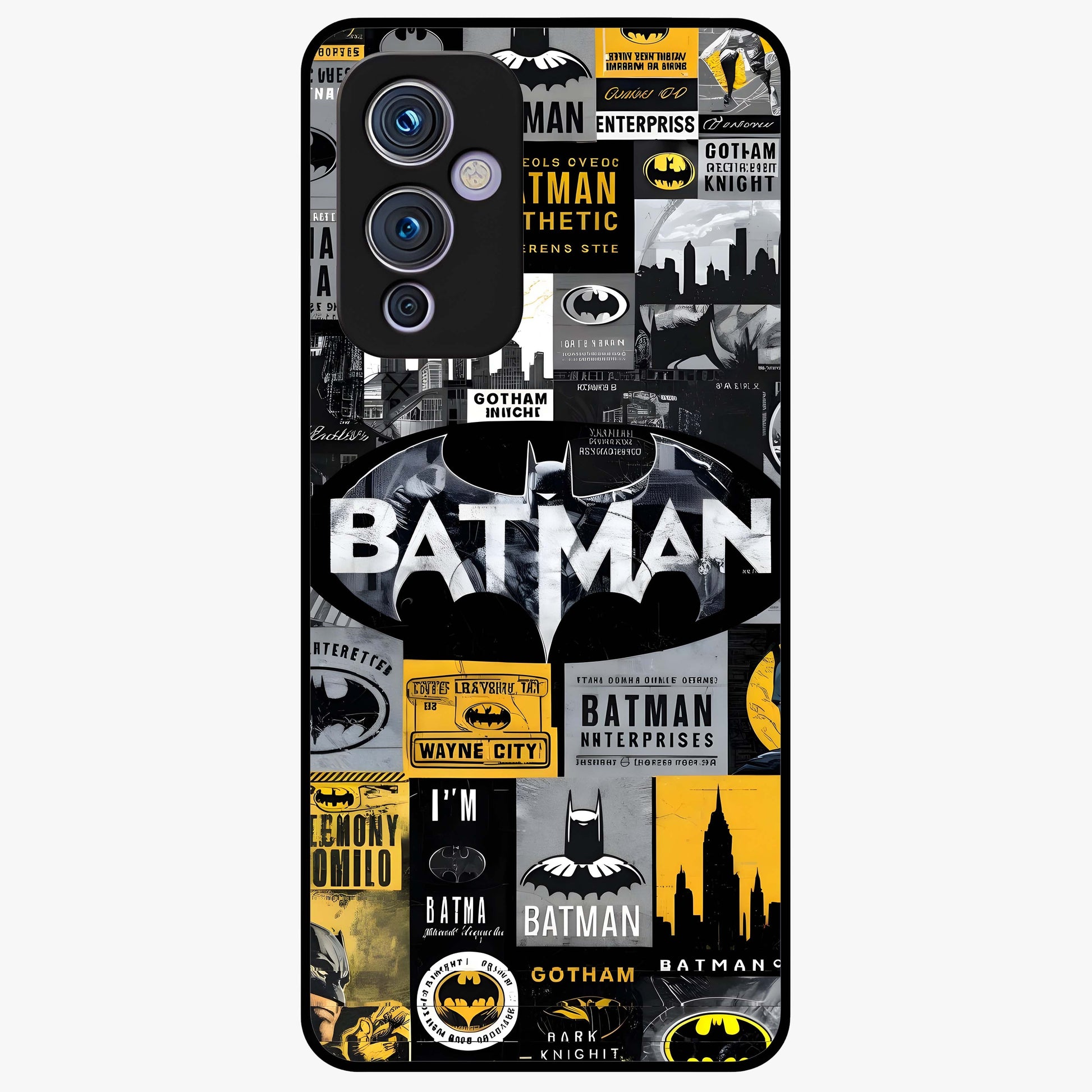 Knight Gotham Rise Glass Case showing flat back view with dark hero inspired artwork and glossy glass finish.